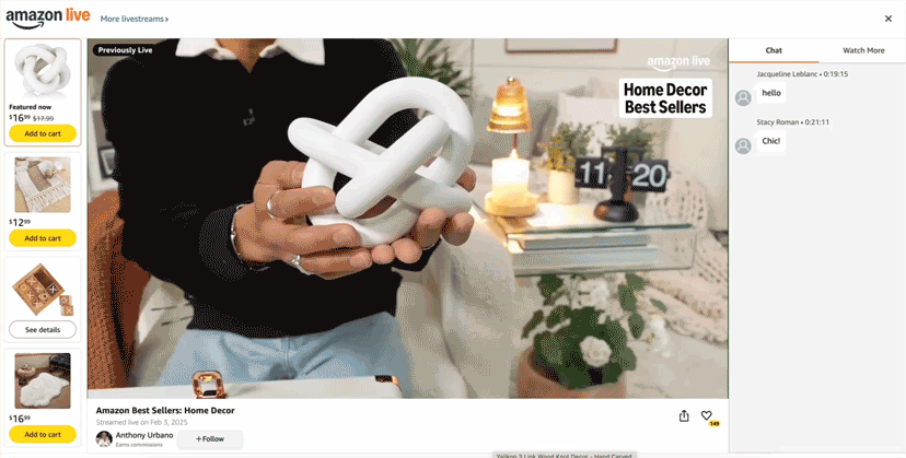 Amazon live stream showing a product